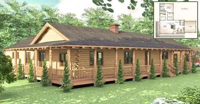 One Story Log House With Wrap Around Porch