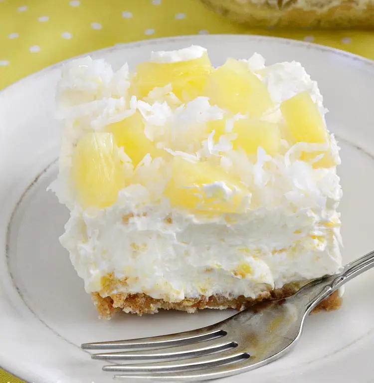 No Bake Pineapple Dream Dessert topped with coconut